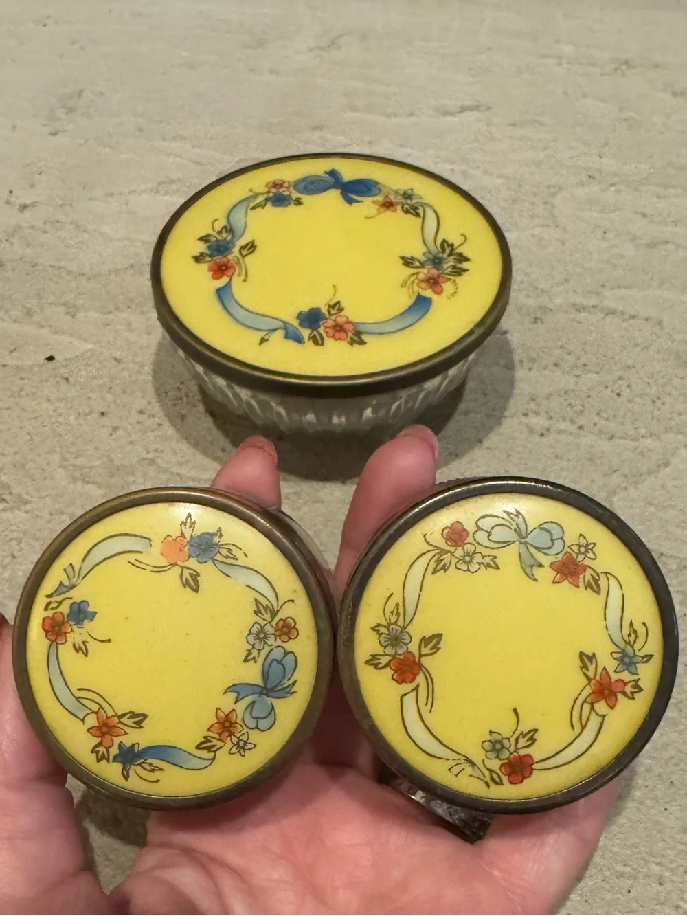 Yellow Floral Enamel Vanity Tray Set - Decorative Bathroom Jars